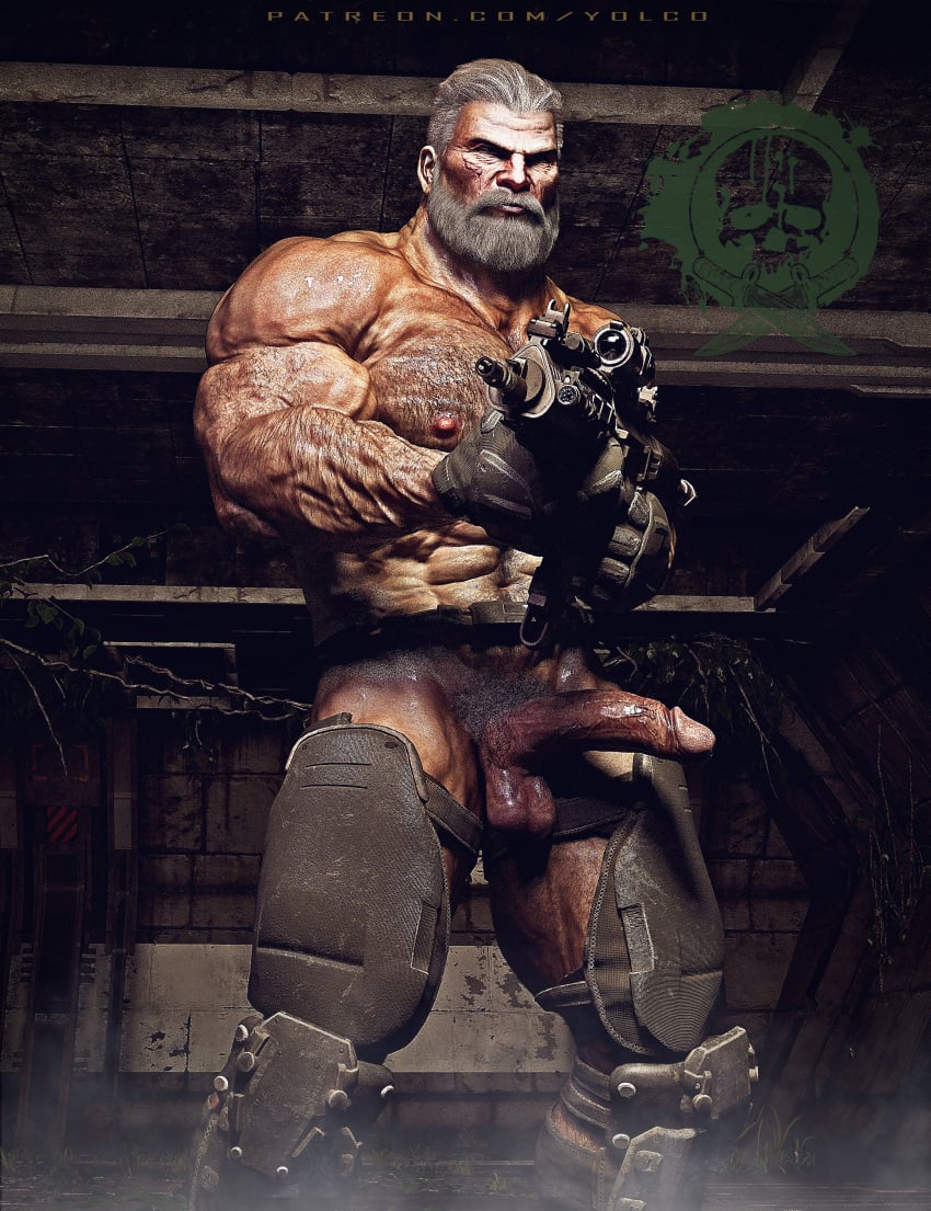 bara beard daddy dilf erection facial_hair gay gears_of_war grey_hair gun hairy hairy_chest hairy_male holding_gun male male_focus male_only marcus_fenix masculine masculine_male mature_male muscles muscular muscular_ass muscular_male old_man older_male partially_clothed partially_undressed soldier yaoi yolco