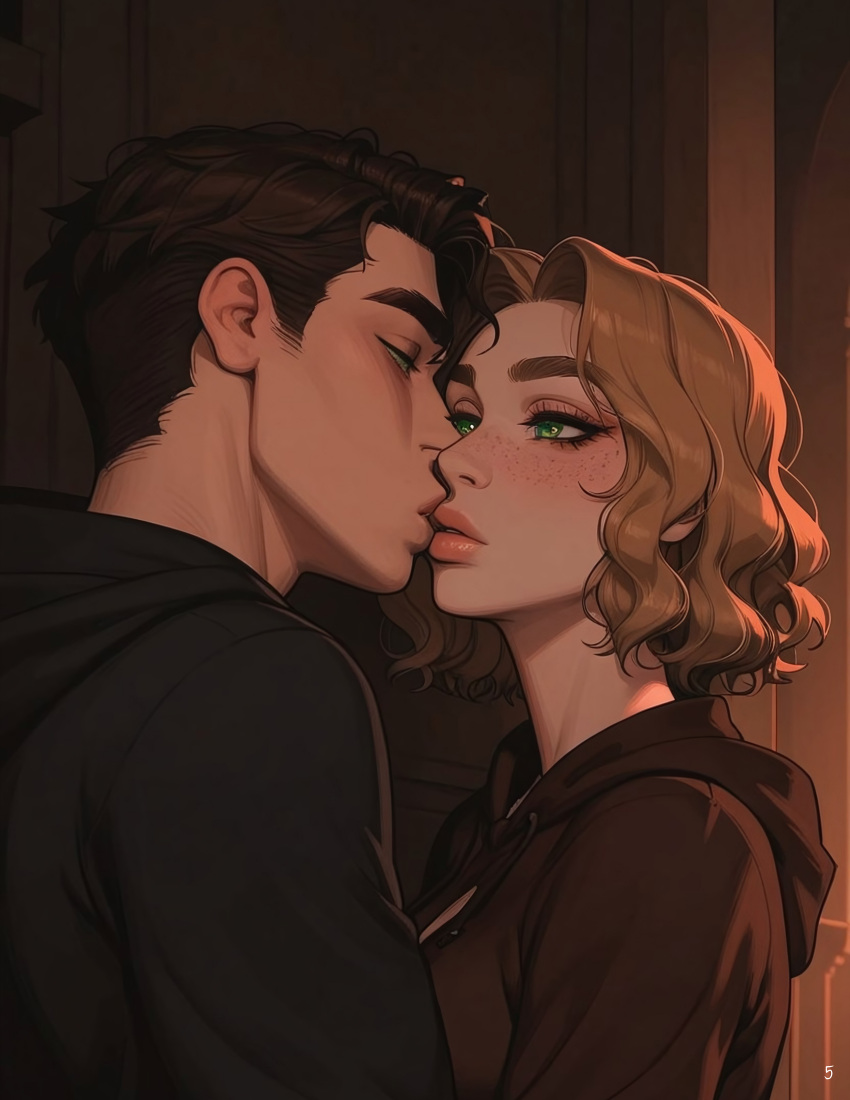 1boy ai_assisted blonde_hair_female brown_hair_male comic cute desire female green_eyes kissing passionate passionate_kiss