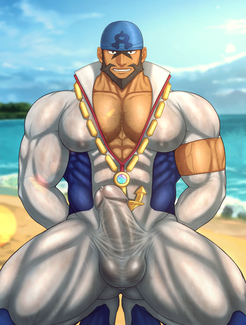 archie_(pokemon) balls bara beard bodysuit boner erection erection_under_clothes facial_hair hands_behind_back headkerchief male male_only muscles muscular nintendo penis pokemon pokemon_masters_ex solo solo_male spread_legs squatting sweat sweating team_aqua toto_(artist)