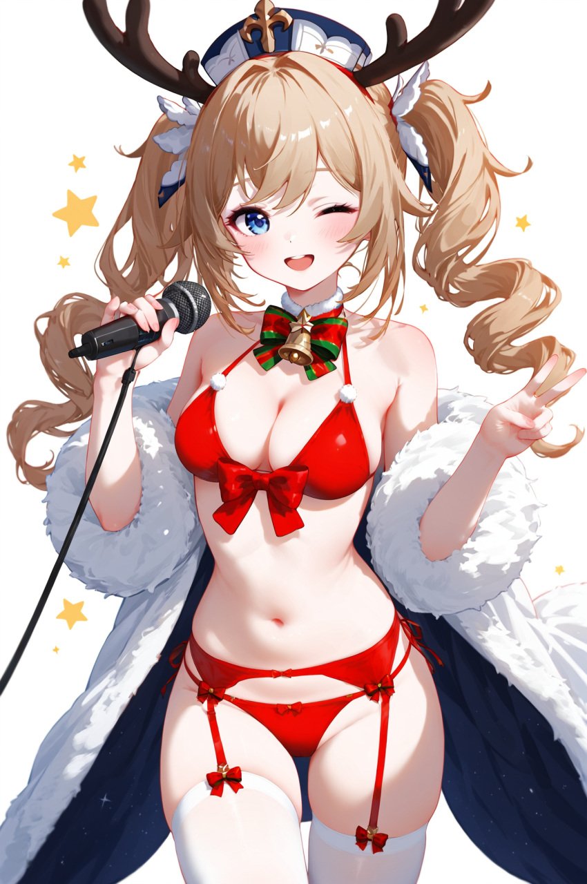 ;d absurd_res ai_generated antlers ass_visible_through bag bangs barbara_(genshin_impact) bare_shoulders bell bikini blonde_hair blue_eyes blush bow bowtie breasts christmas cleavage coat cowboy_shot detached_collar drill_hair fake_antlers female fur_trim garter_belt garter_straps genshin_impact hair_ornament hairband hand_up hands_up holding holding_microphone looking_at_viewer medium_breasts microphone ministro navel neck_bell off_shoulder one_eye_closed open_clothes open_mouth red_bikini red_bow reindeer_antlers santa_bikini side-tie_bikini_bottom sidelocks smile solo standing stomach string_bikini swimsuit teeth thigh_gap thighhighs thighs twin_drills twintails upper_teeth_only v white