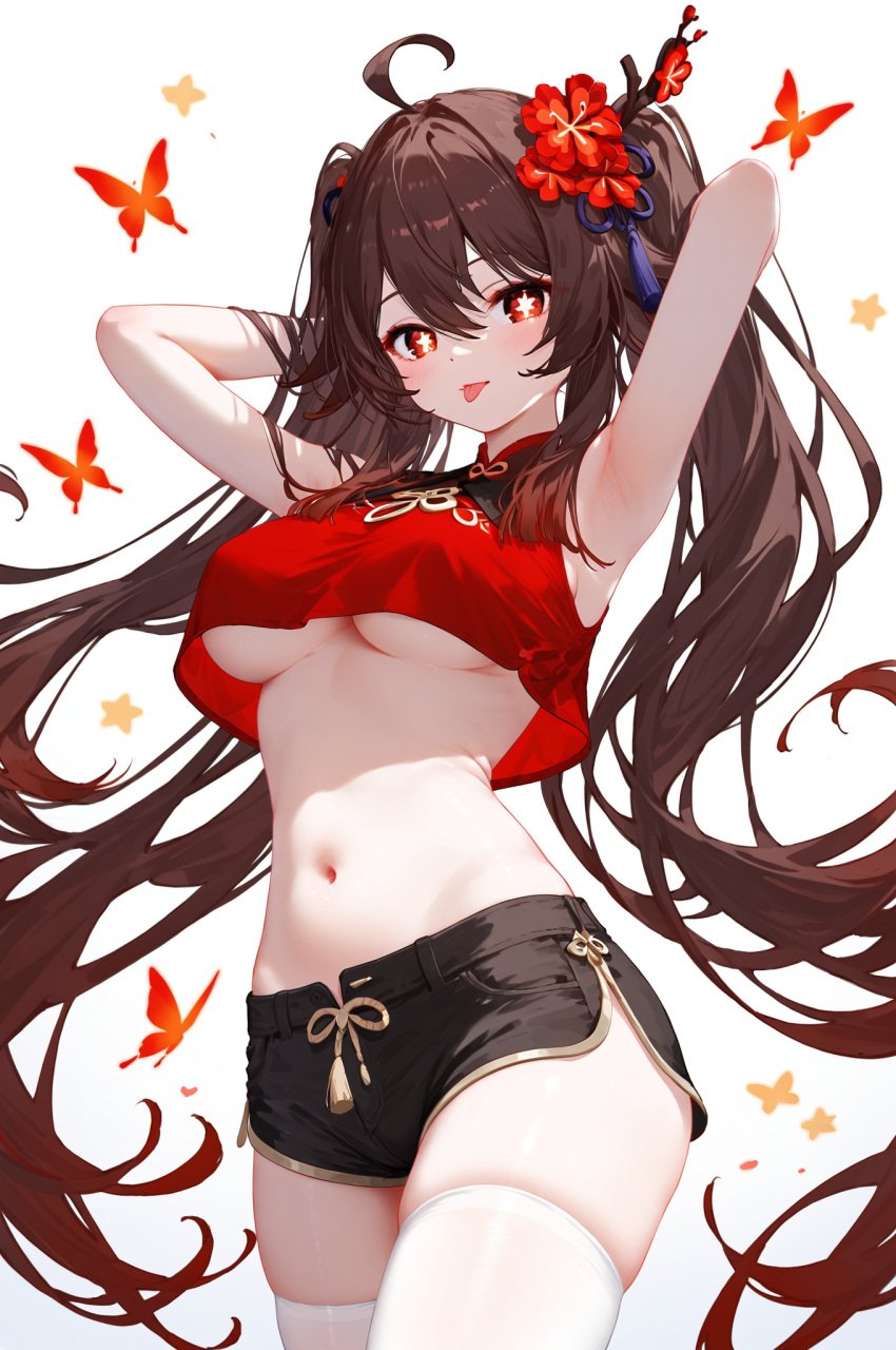 :p absurd_res ahoge ai_generated alternate_costume armpits arms_behind_head arms_up bangs bare_arms bare_shoulders black_shorts blush breasts cowboy_shot crop_top crop_top_overhang female flower-shaped_pupils genshin_impact hu_tao_(genshin_impact) looking_at_viewer midriff ministro nail_polish navel red_shirt shirt short_shorts shorts sidelocks sleeveles sleeveless_shirt solo standing star-shaped_pupils stomach symbol-shaped_pupils thighhighs thighs tongue tongue_out under_boob underboob white_thighhighs