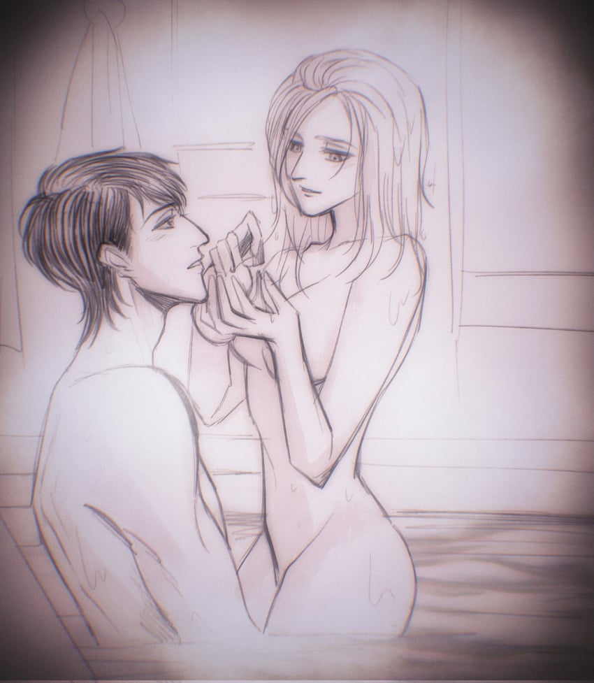 1boy 1boy1girl 1girls annie_leonhardt attack_on_titan bathing bathing_together bathtub bertolt_hoover blushing completely_nude couple_bathtub hair_down height_difference kuobi_meon male/female romantic romantic_couple shingeki_no_kyojin tagme taking_a_bath wet_hair