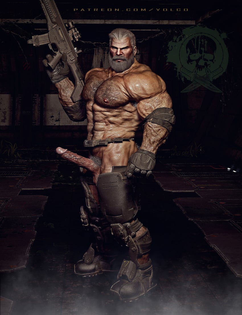 bara beard daddy dilf erection facial_hair gay gears_of_war grey_hair gun hairy hairy_chest hairy_male holding_gun male male_focus male_only marcus_fenix masculine masculine_male mature_male muscles muscular muscular_ass muscular_male old_man older_male partially_clothed partially_undressed soldier yaoi yolco