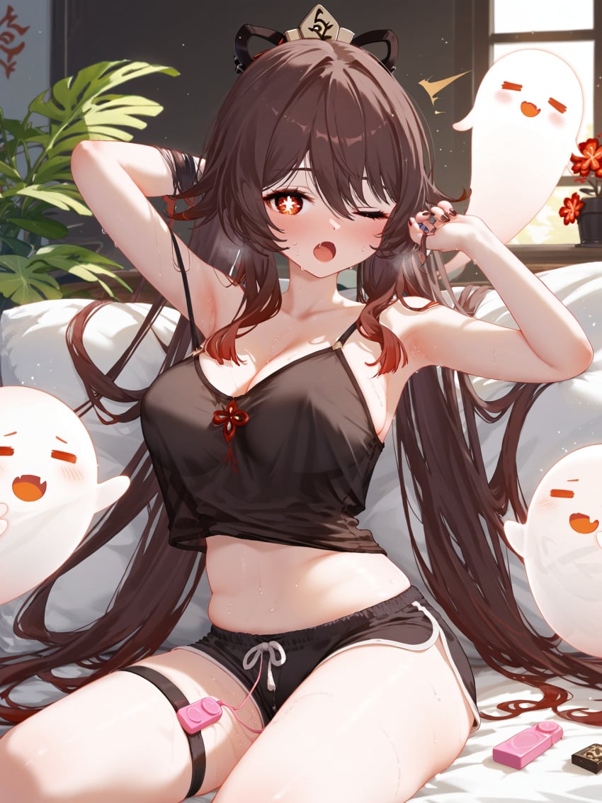 absurd_res ai_generated arm_up armpits bare_shoulders blush breasts brown_hair camisole cleavage couch covering_nipples female genshin_impact hu_tao_(genshin_impact) indoors long_hair looking_at_viewer medium_breasts ministro oerba_yun_fang one_eye_closed open_mouth pillow plant potted_plant red_eyes short_shorts shorts sitting solo strap_slip sweat symbol-shaped_pupils tank_top thighs very_long_hair waking_up yawning