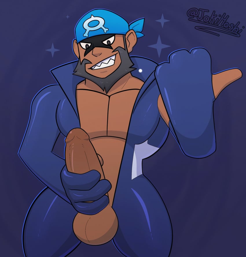 archie_(pokemon) balls bara beard big_penis bodysuit boner erection facial_hair headkerchief jokihoshi male male_only muscles muscular nintendo penis penis_out pokemon solo solo_male team_aqua