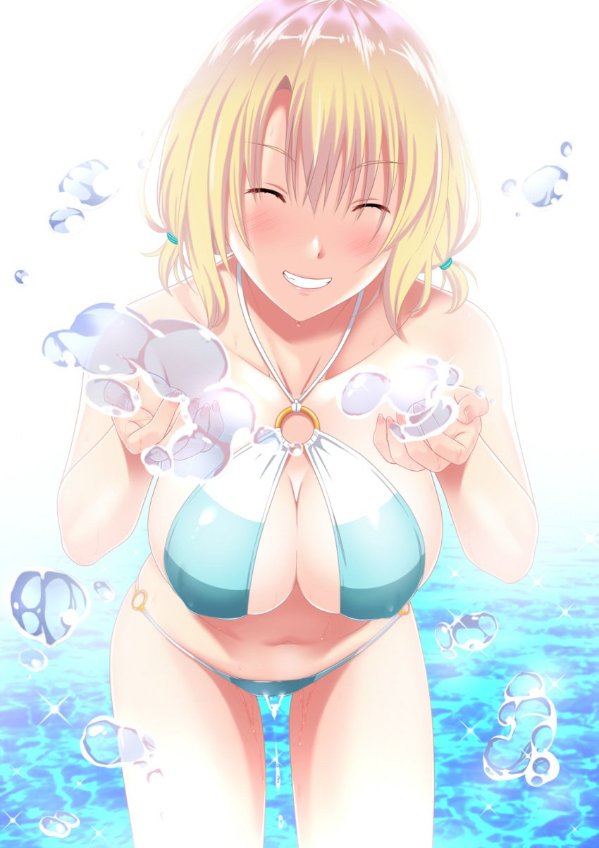 >:) ^_^ areola_bulge bare_arms bare_belly bare_chest bare_hands bare_hips bare_legs bare_midriff bare_navel bare_shoulders bare_skin bare_thighs bikini bikini_bottom bikini_only bikini_top blonde_eyebrows blonde_female blonde_hair blonde_hair blonde_hair_female blue_bikini blue_bikini_bottom blue_bikini_top blue_string_bikini blue_swimsuit blue_swimwear blush blush blush_lines blushing_female breasts busty busty_female closed_eyes collarbone covered_nipples cowboy_shot eyebrows_visible_through_hair facing_viewer female fingernails grin hair_between_eyes halterneck happy large_breasts leaning_forward nail_polish nails navel nipple_bulge o-ring o-ring_bikini o-ring_bikini_bottom ocean original original_art original_artwork original_character parted_lips pink_fingernails pink_nail_polish pink_nails short_hair shuko_hime smile smiley_face smiling smiling_at_viewer smirk solo splashing stomach string_bikini swimsuit swimwear tawagoto_dukai_no_deshi thigh_gap tied_hair twintails twintails_(hairstyle) v-shaped_eyebrows water zaregoto_tsukai_no_deshi