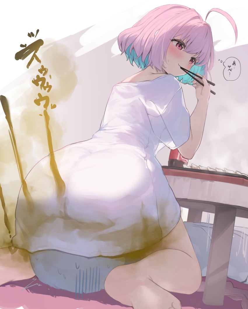 1other ahoge ass big_fart butt chopsticks cola eating fart fart_fetish farting_on_face female food gyoza idolmaster idolmaster_cinderella_girls multicolored_hair pink_eyes pink_hair short_hair sitting sitting_on_person smell soda_bottle stink stink_fumes stinky table translation_request tsuchiro yumemi_riamu