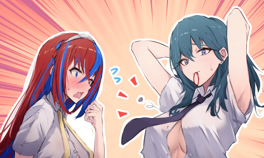 2girls alear_(female)_(fire_emblem) alear_(fire_emblem) alternate_costume blue_eyes blue_hair blush braid breasts byleth_(female)_(fire_emblem) byleth_(fire_emblem) crossed_bangs crown_braid female female_only fire_emblem fire_emblem:_three_houses fire_emblem_engage frown green_hair heavy_blush heterochromia large_breasts lemonolem long_hair medium_breasts medium_hair mouth_hold multicolored_hair multiple_girls nintendo red_eyes red_hair shocked split-color_hair teal_hair two-tone_hair wardrobe_malfunction