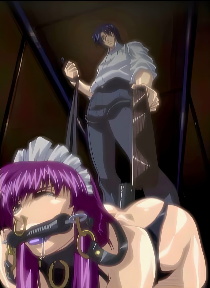 bondage_game bondage_outfit breastless_clothes breasts_bigger_than_head breasts_expansion breasts_out cowbell female huge_breasts maid maid_headdress pubic_hair purple_hair purple_lipstick semen_on_body yayoi_hibino