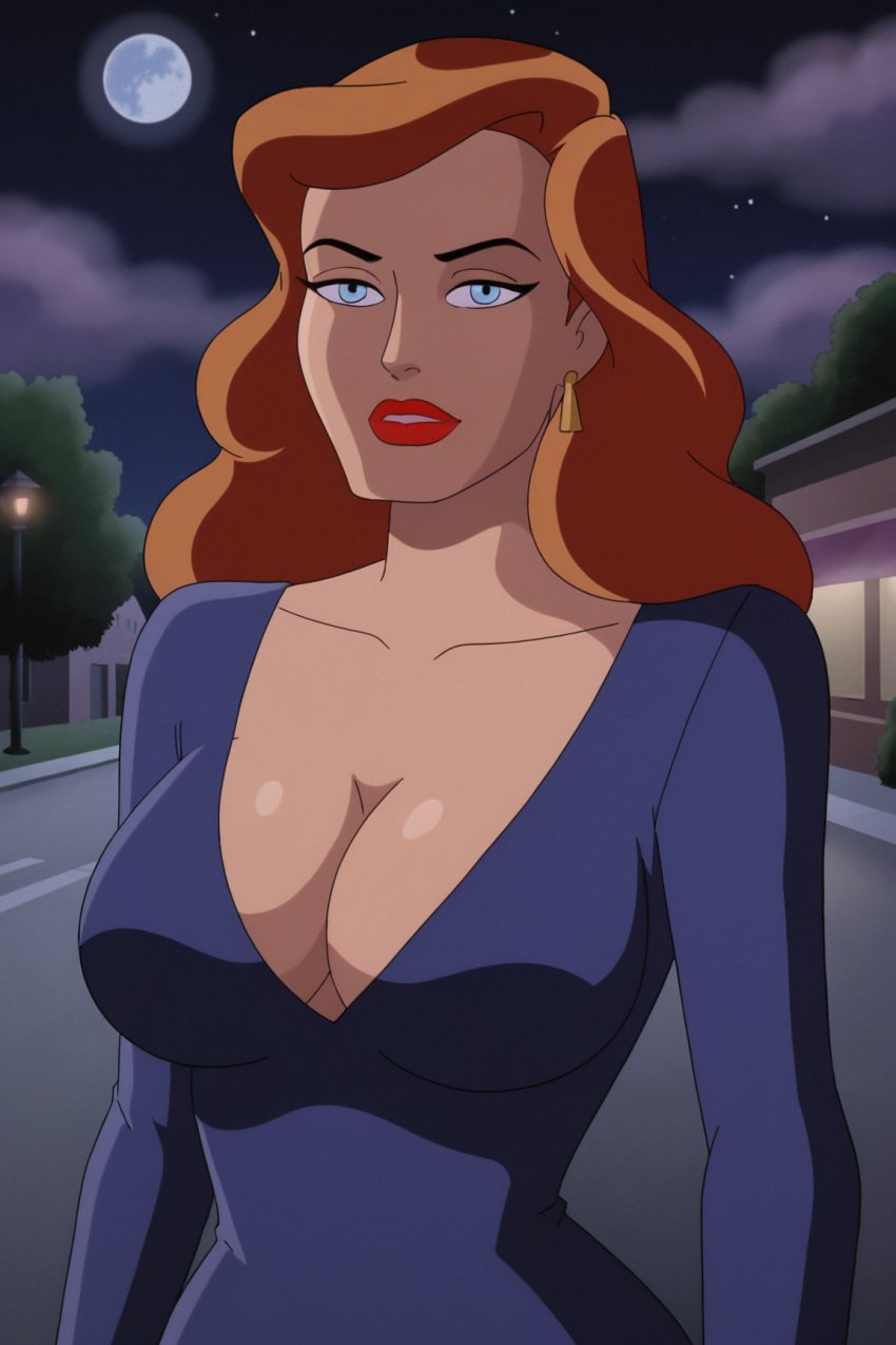 ai_generated andrea_beaumont batman:_mask_of_the_phantasm batman_(series) big_breasts blue_eyes breasts cleavage clouds dc_comics dcuaom earrings fantasyai female female_only full_moon lips lipstick long_hair looking_at_viewer moon night outdoors outside teeth