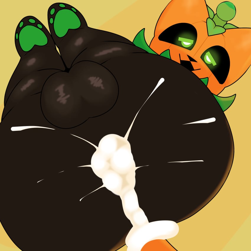 absurd_res anthro ass balls big_butt bodily_fluids cum cum_in_ass cum_inside cum_overflow feet felid food for_a_head fruit genital_fluids genitals happy hi_res leaking_cum legs_in_air looking_pleasured male mammal object_head open_mouth pawpads paws plant pumkat pumpkin pumpkin_head solo thick_thighs woopyy