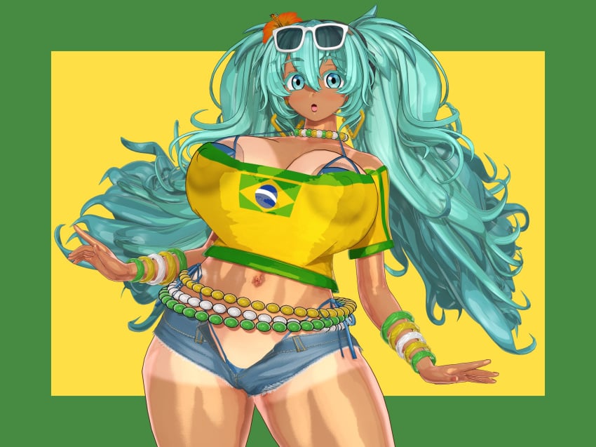 1girls 3d 3d_(artwork) areola ass big_areola big_ass big_breasts big_nipples big_thighs brazil brazilian brazilian_female brazilian_miku breasts cyan_eyes cyan_hair female female_only gigantic_breasts hatsune_miku huge_areola huge_ass huge_breasts huge_nipples huge_thighs idohori_people latin_american_hatsune_miku_(meme) long_hair looking_at_viewer nipples shirt shorts solo tagme tan tan_body thick_hips thick_thighs thighs thong twintails vocaloid yellow_shirt