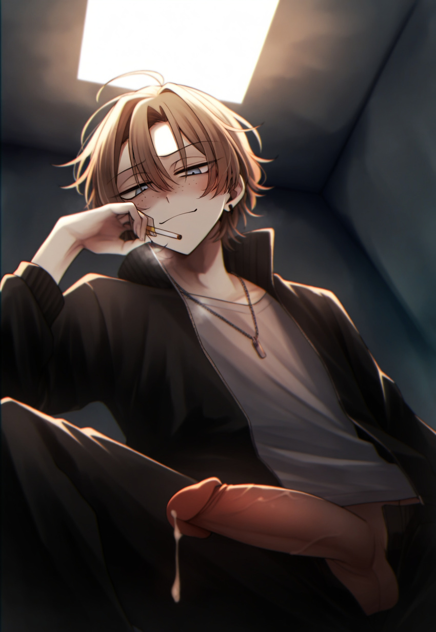 1boy ahoge ai_generated black_jacket black_pants blue_eyes blush cigarette closed_mouth cum earrings freckles grey_shirt holding holding_cigarette indoors jacket light_brown_hair looking_at_viewer looking_down male male_only milua necklace novelai open_clothes open_jacket original original_character pants penis penis_out self_upload shirt short_hair smile smirk smug solo solo_male veins veiny_penis