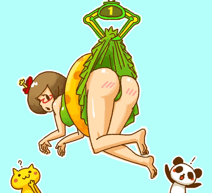 ass_blush blue_background brown_hair feline green_panties green_skirt minus8 mob_face nikki_(swapnote) nintendo nintendo_badge_arcade panda solo_focus swapnote upskirt