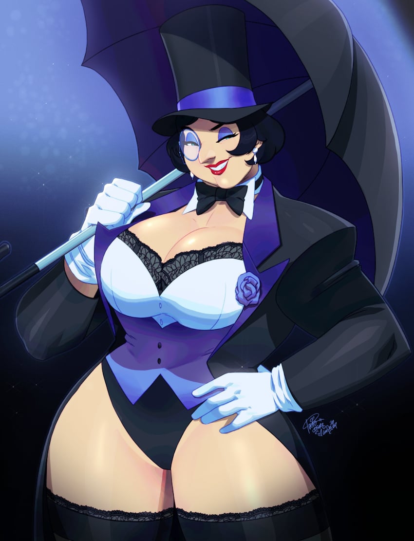 1girls artist_signature batman:_caped_crusader batman_(series) big_breasts black_hair blue_eyeshadow busty cleavage dc dc_comics hand_on_hip hi_res light-skinned_female light_skin looking_at_viewer monocle oswalda_cobblepot red_lipstick smiling smiling_at_viewer the_penguin thick_thighs thighs top_hat tovio_rogers umbrella