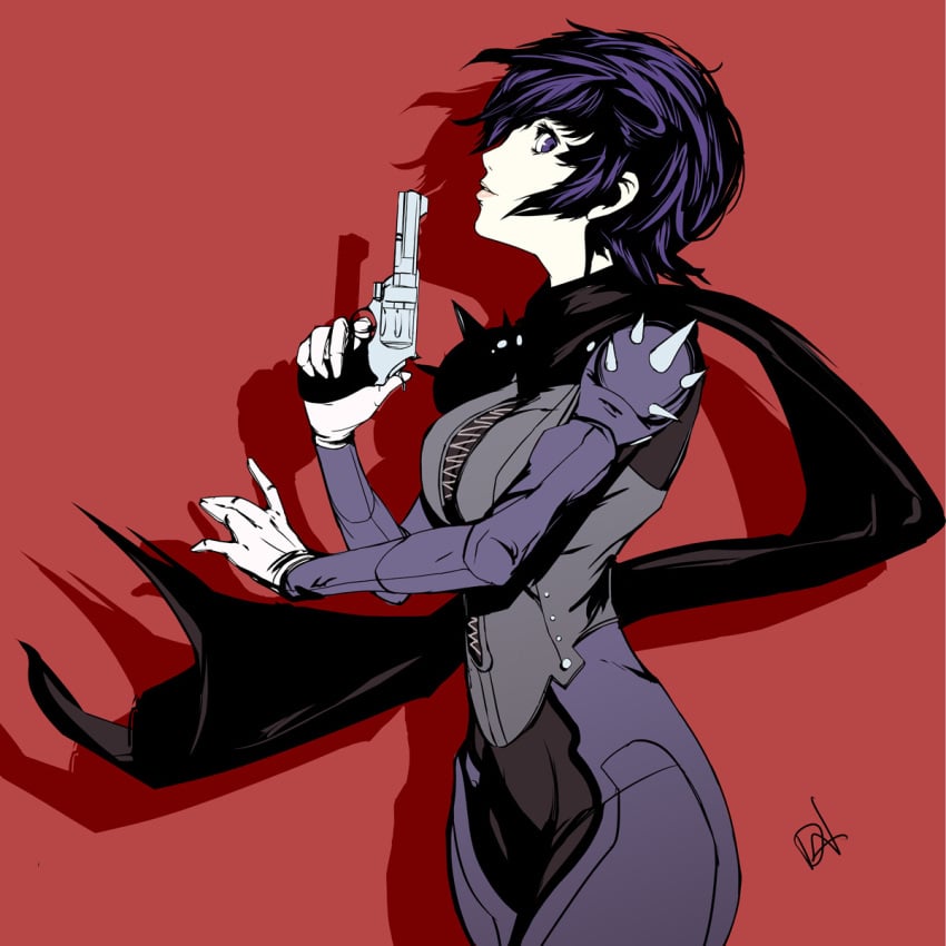 blue_eyes blue_hair brink_of_memories clothing detective female firearm gun handgun human makoto_niijima_(cosplay) pale_skin persona persona_4 persona_5 phantom_thief_suit revolver shirogane_naoto weapon