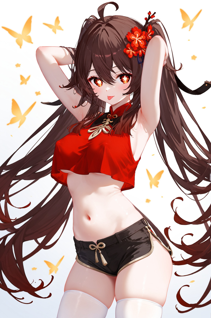 :p absurd_res ahoge ai_generated alternate_costume armpits arms_behind_head arms_up bangs bare_arms bare_shoulders black_shorts blush breasts covered_nipples cowboy_shot crop_top crop_top_overhang female flower-shaped_pupils genshin_impact hu_tao_(genshin_impact) looking_at_viewer midriff ministro nail_polish navel red_shirt shirt short_shorts shorts sidelocks sleeveles sleeveless_shirt solo standing star-shaped_pupils stomach symbol-shaped_pupils thighhighs thighs tongue tongue_out under_boob underboob white_thighhighs