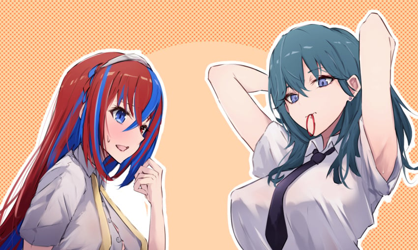 2girls alear_(female)_(fire_emblem) alear_(fire_emblem) alternate_costume black_necktie blue_eyes blue_hair braid breasts byleth_(female)_(fire_emblem) byleth_(fire_emblem) crossed_bangs crown_braid female female_only fire_emblem fire_emblem:_three_houses fire_emblem_engage green_hair heterochromia highres large_breasts lemonolem long_hair medium_breasts medium_hair mouth_hold multicolored_hair multiple_girls necktie nintendo red_eyes red_hair split-color_hair teal_hair two-tone_hair