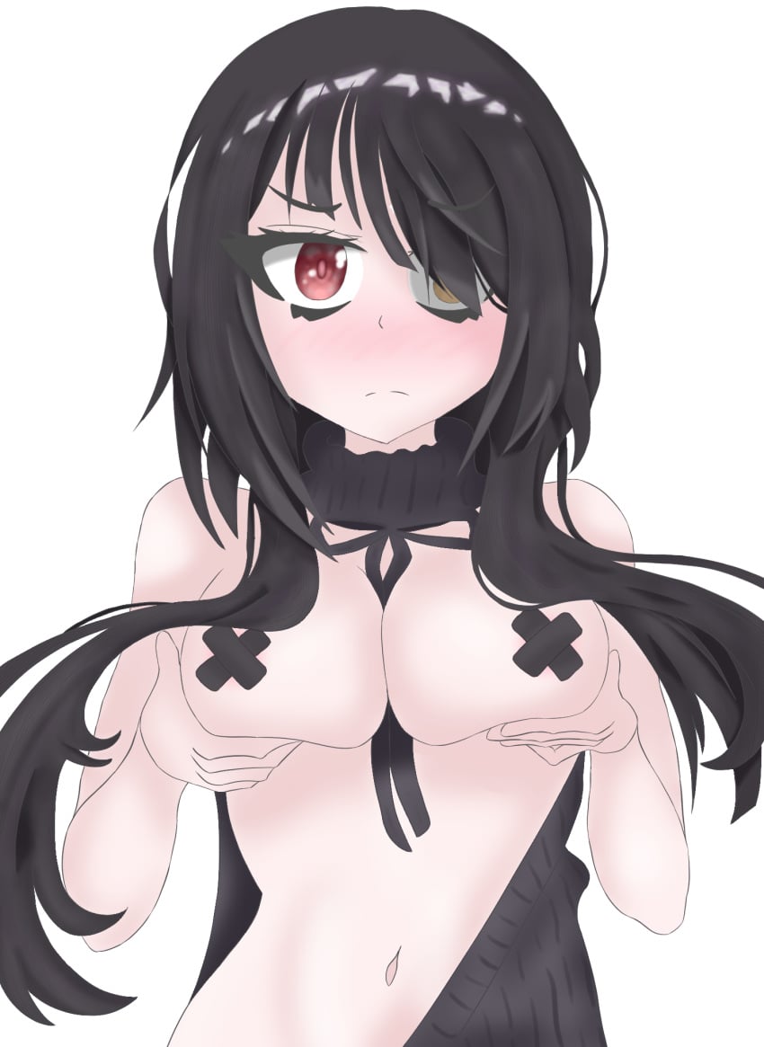 2d 2d_(artwork) belly belly_button black_hair breasts covered_nipples cross_pasties date_a_live female female_only heterochromia light-skinned_female long_hair naked naked_female red_eyes solo solo_female sweater tokisaki_kurumi twintails upper_body