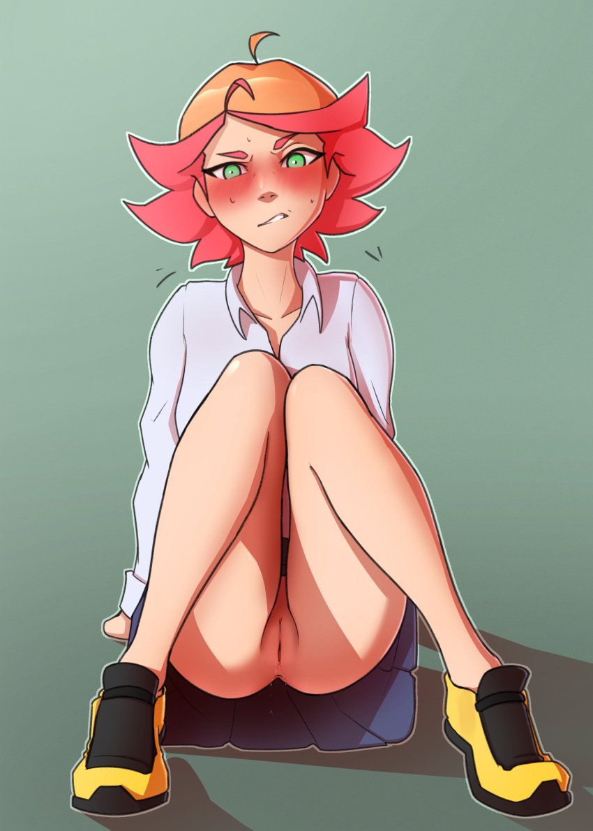 1girls absurdres amanda_o'neill annoyed anus arm_support bell_haircut blush blushing_profusely deep_blush dress_shirt embarrassed female full_body green_eyes highres horny_female legs little_witch_academia long_sleeves looking_at_viewer multicolored_hair no_panties nose_blush orange_hair parted_lips presenting pudgeruffian pussy pussy_juice red_hair revision shirt shoes short_hair sitting skirt sneakers solo sweat two-tone_hair uncensored wet