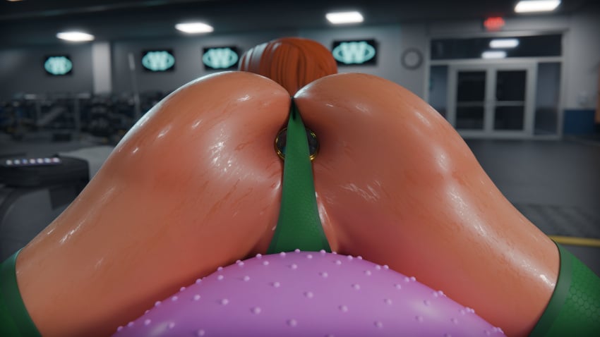 1girls 3d 3d_(artwork) ass ass_focus barbell exercise_ball female female_only ginger green_eyes gym gym_clothes gym_uniform highres lia3d light-skinned_female light_skin long_hair orange_hair plug_(sex_toy) sam_(totally_spies) serpentorder sex_toy_in_ass sex_toy_under_clothing sweat sweating thighs totally_spies