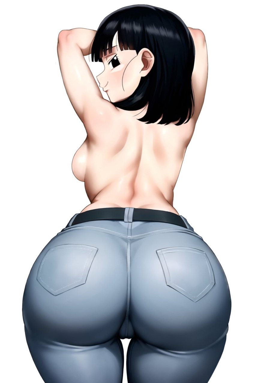 1girl ass_focus back back_muscles belt big_ass black_eyes black_hair breasts dragon_ball dragon_ball_(series) dragon_ball_gt huge_ass hyper_ass looking_at_viewer looking_back pan_(dragon_ball) pants sexy_pose shirtless short_hair smiley_face solo_female teen_girl teenage_girl without_bra