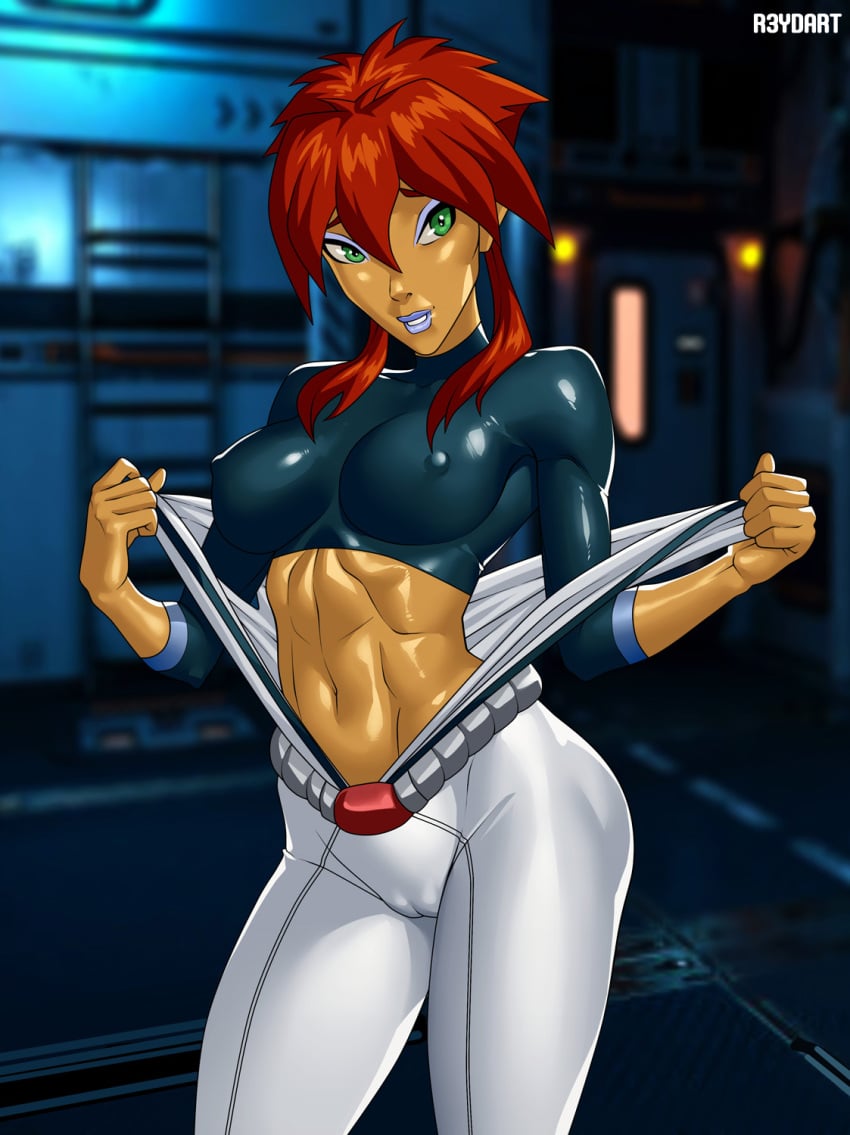 abs bodysuit breasts cameltoe clothing dark-skinned_female dark_skin female female female_only green_eyes high_resolution kiva_andru large_breasts lips lipstick looking_at_viewer makeup megas_xlr midriff muscle navel open_clothes purple_eye_shadow r3ydart red_hair shiny skin_tight solo spandex standing toned undressing white_latex