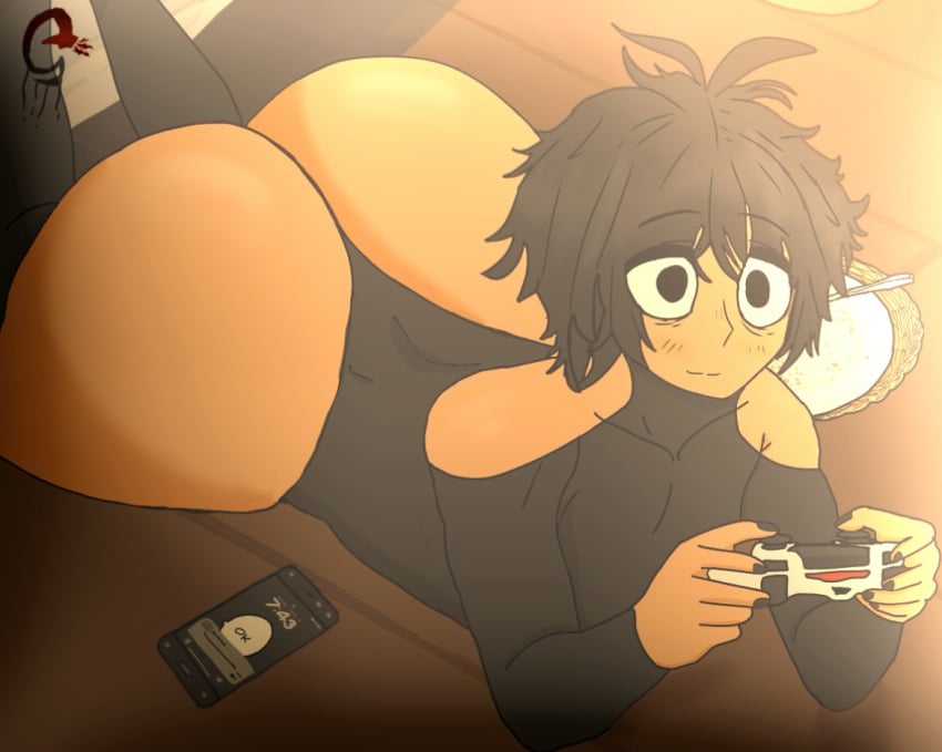 1boy 1femboy 1male ass ass_focus bedroom bodysuit colored controller femboy gaming ghammaflash hyper_ass immoria laying_down legs_up lying_on_stomach male_only no_text original_character phone solo sticks_(ghammaflash) sunset tagme