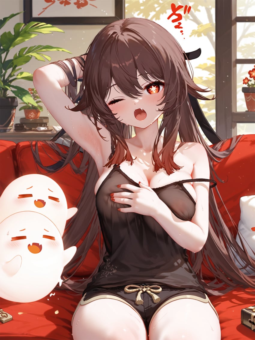 absurd_res ai_generated arm_up armpits bare_shoulders blush breasts brown_hair camisole cleavage couch covering_nipples female genshin_impact hu_tao_(genshin_impact) indoors long_hair looking_at_viewer medium_breasts ministro oerba_yun_fang one_eye_closed open_mouth pillow plant potted_plant red_eyes short_shorts shorts sitting solo strap_slip sweat symbol-shaped_pupils tank_top thighs very_long_hair waking_up yawning