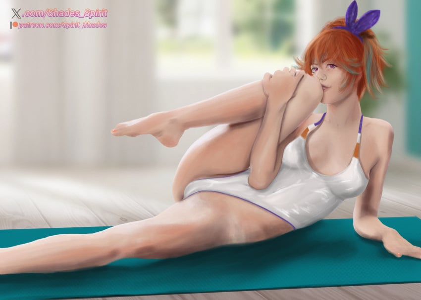 alternate_version_at_source alternate_version_available ass bare_legs cameltoe cleavage feet feet_up hololive hololive_english hololive_myth leotard nipple_outline red_hair spirit_shades takanashi_kiara virtual_youtuber yoga_mat yoga_pose