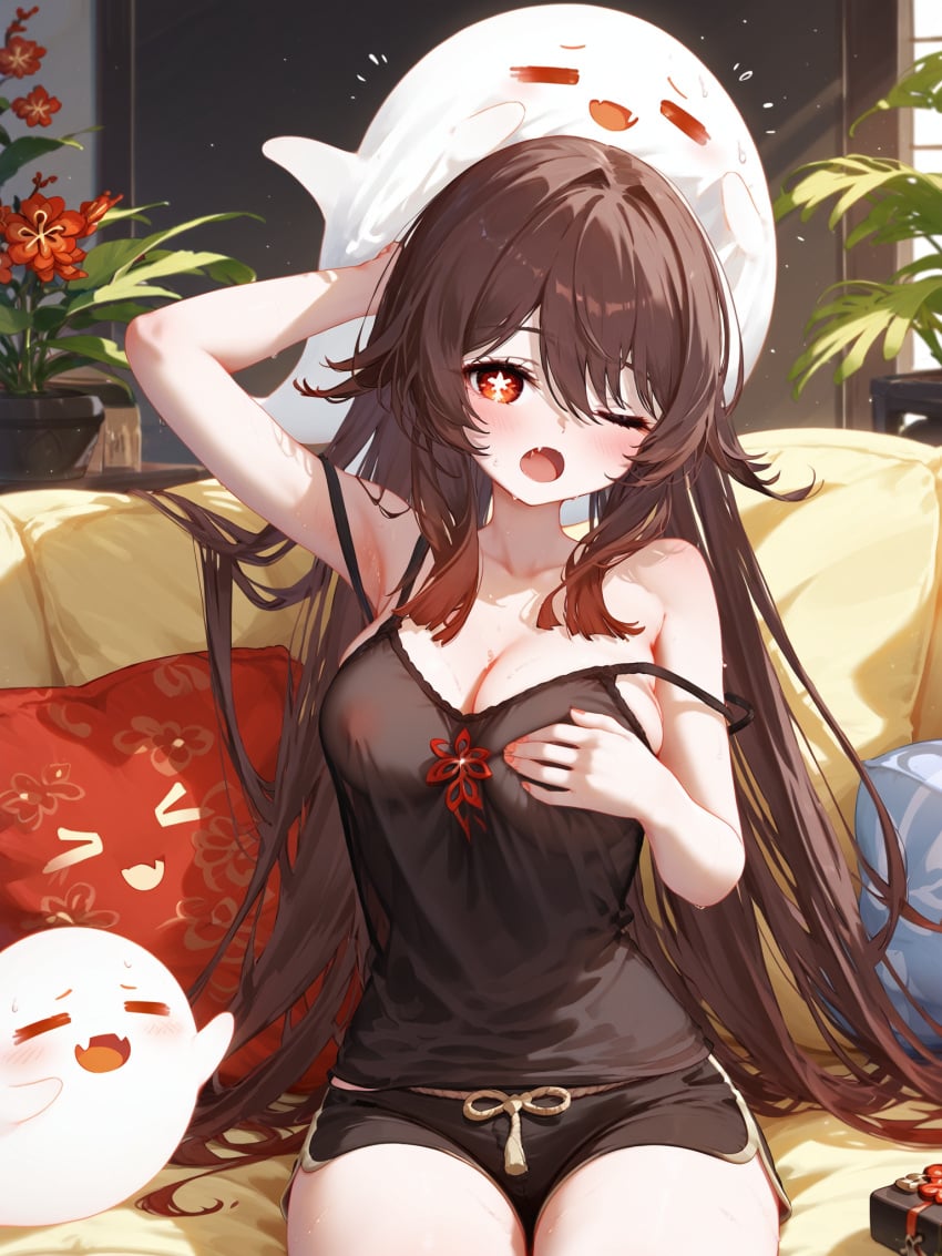 absurd_res ai_generated arm_up armpits bare_shoulders blush breasts brown_hair camisole cleavage couch covering_nipples female genshin_impact hu_tao_(genshin_impact) indoors long_hair looking_at_viewer medium_breasts ministro oerba_yun_fang one_eye_closed open_mouth pillow plant potted_plant red_eyes short_shorts shorts sitting solo strap_slip sweat symbol-shaped_pupils tank_top thighs very_long_hair waking_up yawning