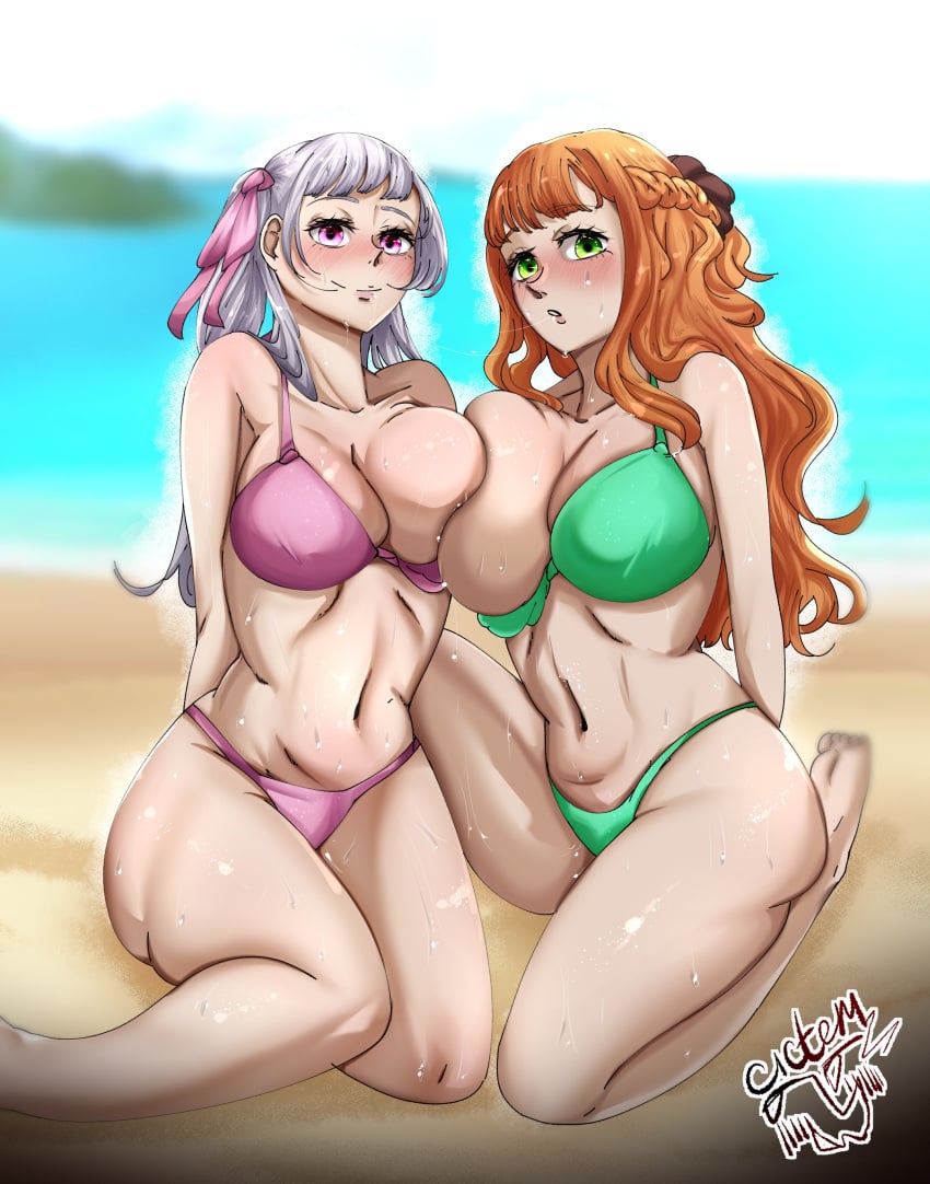 2girls beach big_breasts bikini black_clover cictemart18 green_eyes mimosa_vermillion noelle_silva orange_hair pink_eyes silver_hair tagme