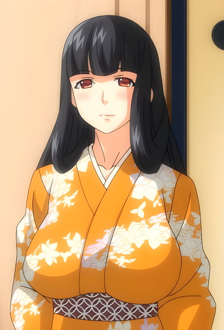 1girls bangs big_breasts black_hair busty closed_mouth clothed clothed_female clothing eyes female floral_print front_view hair hair_over_shoulder huge_breasts kimono large_breasts limited_palette long_bangs long_hair long_sleeves looking_at_viewer looking_down mouth_closed neutral_expression niizuma_koyomi niizuma_koyomi_the_animation orange_clothing orange_kimono orange_theme pink_pineapple solo standing staring staring_at_viewer straight_hair uikawa_shino upper_body warm_colors yellow_clothing yellow_kimono yellow_theme