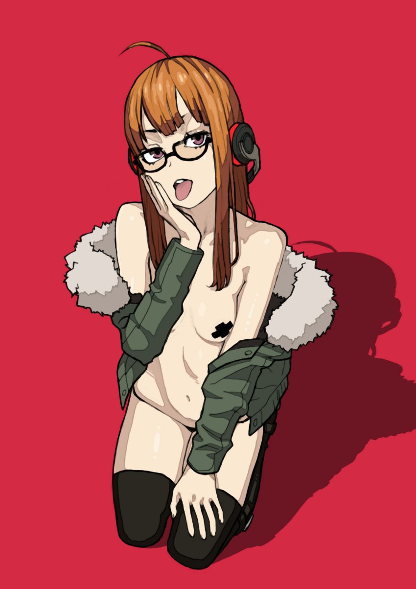 1girls alternate_version_at_source blank_background bluesalm0n breast female glasses green_jacket half_naked hand_on_cheek headphones headphones_on_head jacket_down kneeling looking_at_viewer no_shirt open_mouth pasties persona persona_5 pinup posing sakura_futaba solo solo_female stockings taped_nipples thighs tongue tongue_out