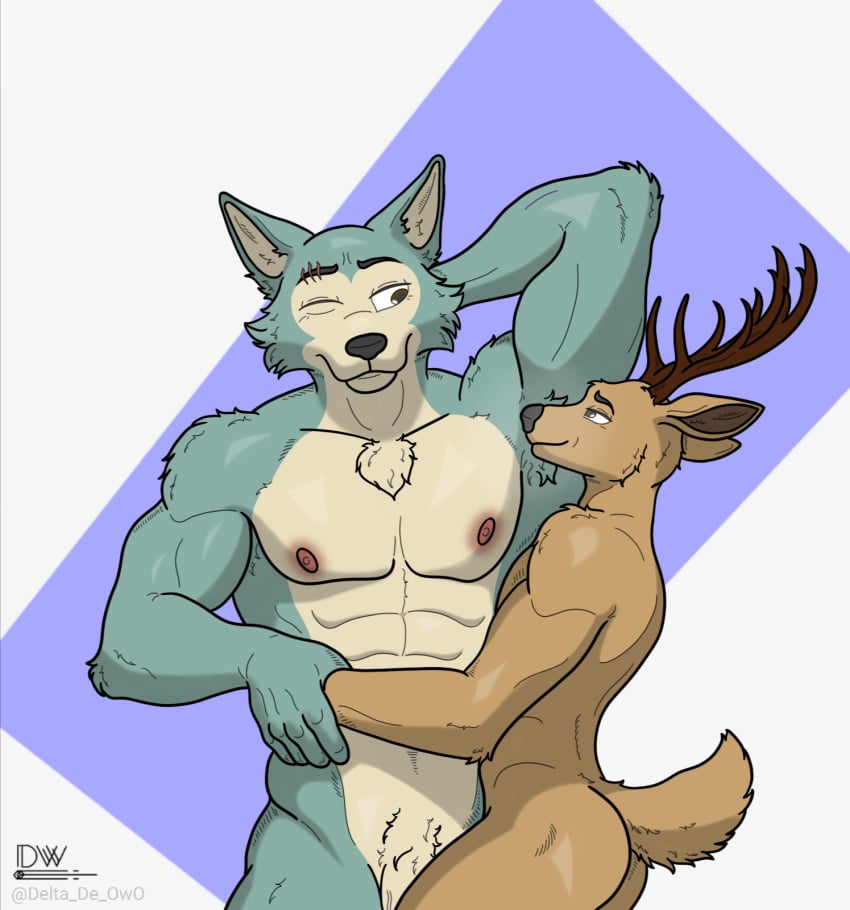 anthro armpit_sniffing beastars canid canine delta_dewitt digital_media_(artwork) duo fur gay genitals hi_res legoshi_(beastars) louis_(beastars) male male/male mammal muscular muscular_male musk nipples nude penis penis_base simple_background smile sniffing tail