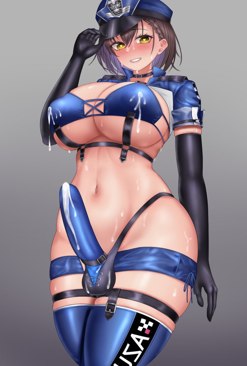 1futa azur_lane baltimore_(azur_lane) baltimore_(finish_line_flagbearer)_(azur_lane) bikini black_gloves blue_bikini blue_jacket breasts brown_hair bulge chest_harness covered_nipples cropped_jacket eagle_union_(azur_lane) ejaculation_under_clothes elbow_gloves erection erection_under_clothes futa_only futanari gloves grey_background hakusuifuta harness hat highleg highleg_bikini highres jacket lactation lactation_through_clothes large_breasts light-skinned_futanari light_skin looking_at_viewer micro_shorts mismatched_bikini navel official_alternate_costume peaked_cap puffy_nipples race_queen short_hair shorts simple_background solo swimsuit yellow_eyes