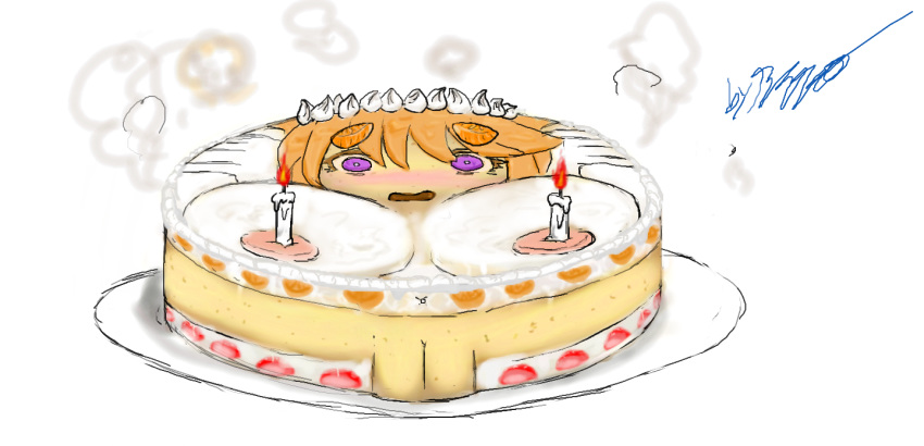 1girls blush breasts cake candle cream embarrassed female food_transformation hasunalu nipples objectification open_mouth orange_hair original plate purple_eyes pussy signature sketch smoke solo transformation