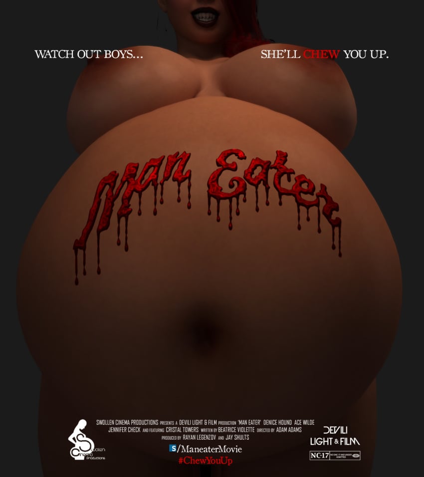 1girls 3d belly big_belly big_breasts breasts female female_pred huge_belly movie_poster nipples red_hair same_size_vore sharp_teeth text thatoneblueguy vore