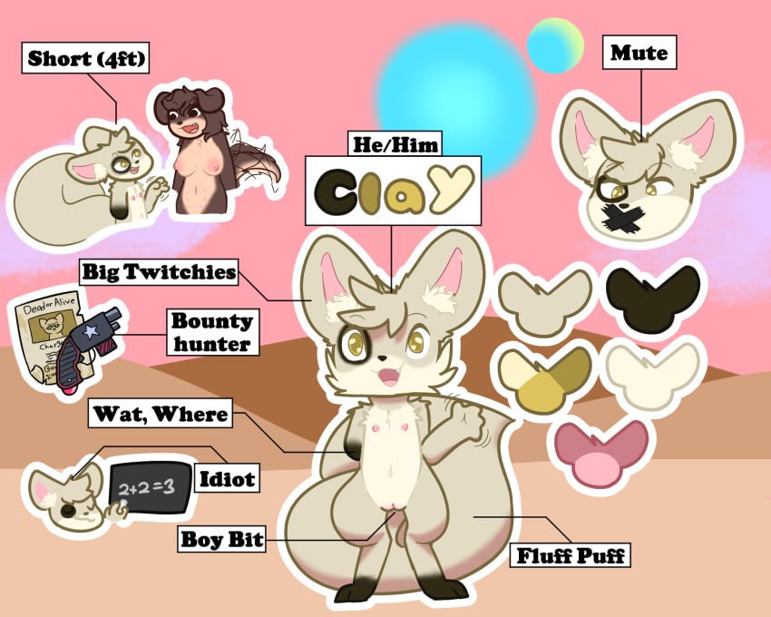 amputee andromorph anthro big_ears big_tail breasts bunnyqueen canid canine clay_(piebunny) cuntboy desert disability fennec_fox fox genitals gun hi_res intersex mammal math missing_arm model_sheet multi_nipple nipples pussy ranged_weapon solo tail tail_motion tailwag true_fox weapon