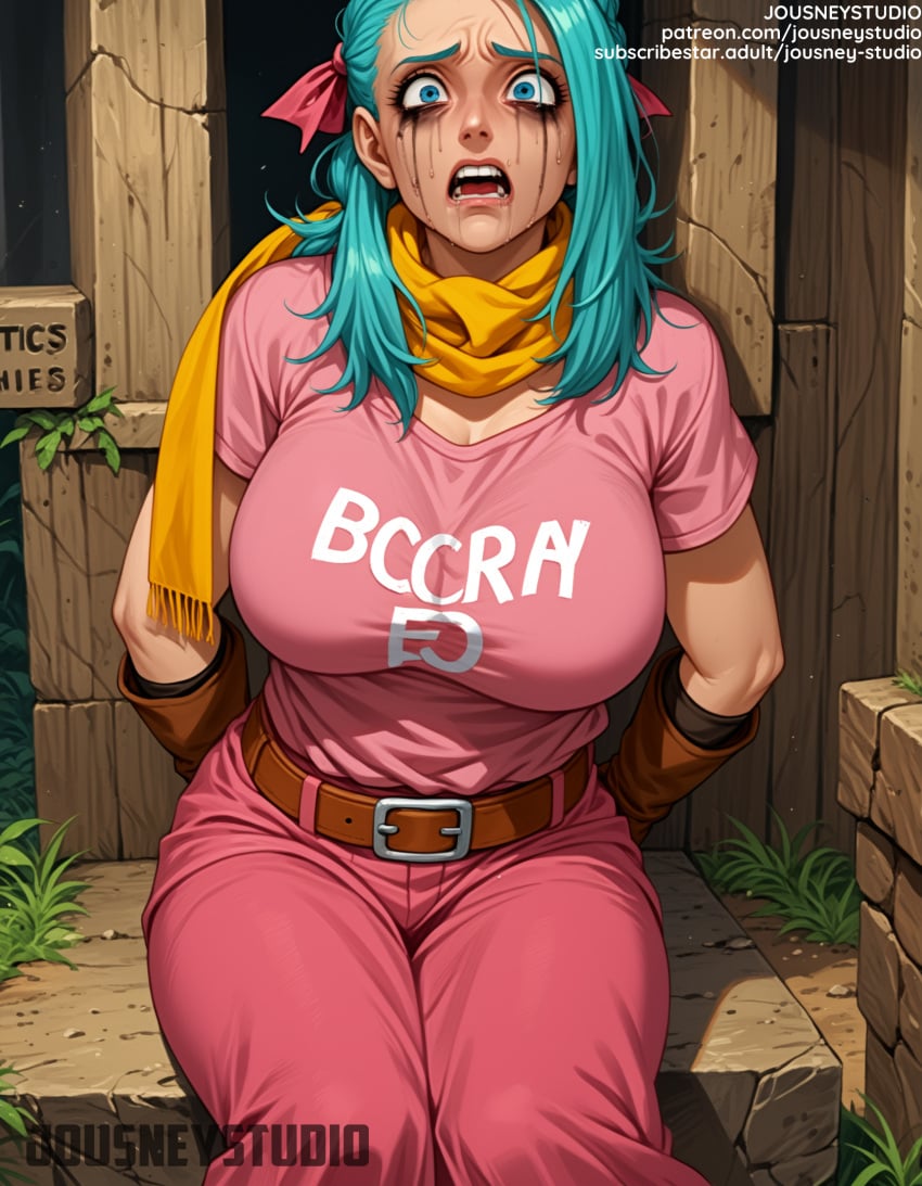 ai-created ai_generated aqua_hair arms_behind_back artist_name bangs belt belt_buckle big_breasts blue_eyes blue_hair blush breasts brown_belt brown_gloves buckle bulma_briefs cleavage clothing crying crying_with_eyes_open day dragon_ball dragon_ball_(classic) dragon_ball_super dragon_ball_z english_language english_text female female_only gloves hair_ornament hair_ribbon indoors jousneystudio large_breasts long_hair looking_at_viewer lora open_mouth outdoors pants patreon_username pink_shirt ribbon scarf shirt short_sleeves sitting solo speech_bubble tears teeth text thighs tied_hair tree