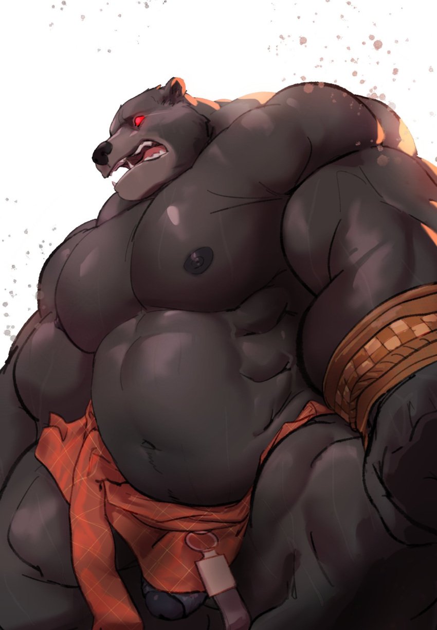 1male anthro anthro_only bear beard biceps black_bear_guai black_body black_myth:_wukong bottomwear clothing facial_hair flaccid foreskin furry furry_only genitals hi_res humanoid_genitalia humanoid_penis loincloth male mammal musclegut muscular open_mouth partially_retracted_foreskin penis red_eyes reland_wolf simple_background solo three-quarter_view white_background