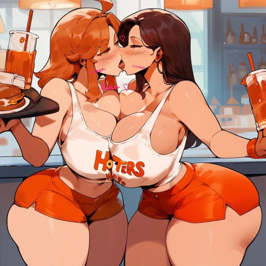 2girls ai_generated ass_cleavage big_ass big_breasts cleavage french_kiss holding_object hooters hooters_uniform huge_ass huge_breasts kissing mamaguevin shorts tagme tank_top yuri