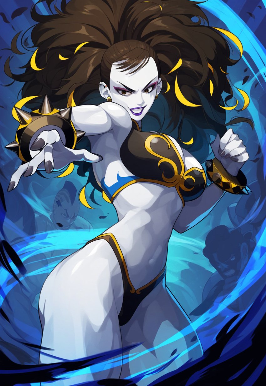 ai_generated chun-li cleavage corruption dark_persona enemy_conversion female huge_ass huge_breasts lips pale-skinned_female pale_skin panties rock_of_succubus smile sports_bra street_fighter tagme thedivergence1997 thick_thighs wide_hips