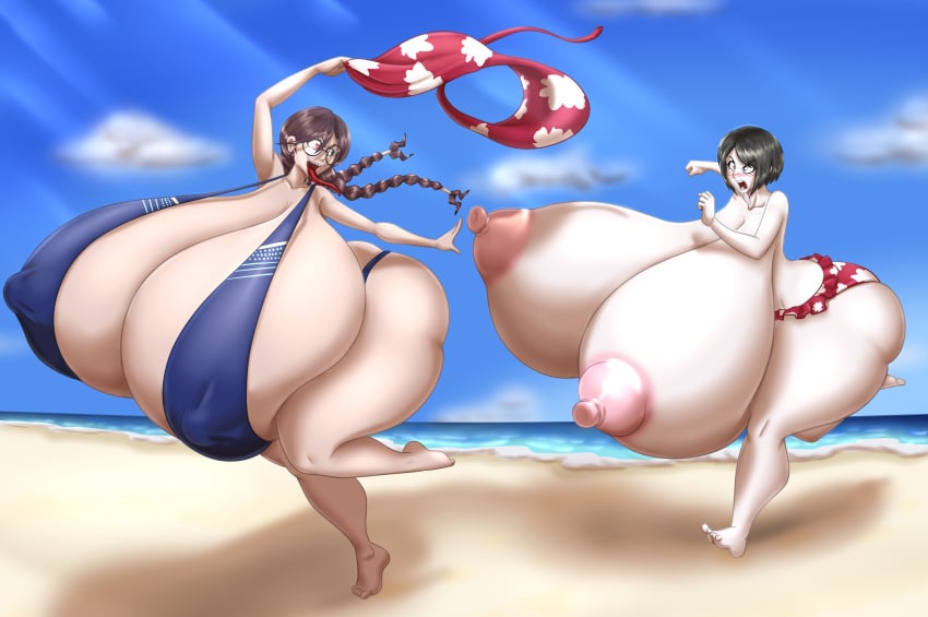 angry beach big_butt bikini bikini_top black_hair blues64 breasts_bigger_than_head brown_hair chasing danganronpa danganronpa:_trigger_happy_havoc fukawa_touko genocider_shou glasses hyper_breasts marauder6272 mukuro_ikusaba pink_nipples sharp_teeth stealing_clothes topless