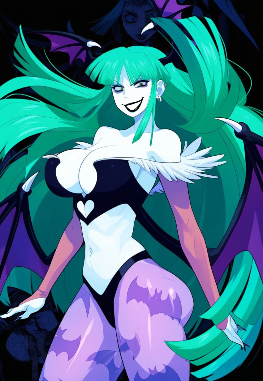 ai_generated claws cleavage corruption dark_persona darkstalkers elbow_gloves enemy_conversion female huge_ass huge_breasts leggings lips midriff morrigan_aensland navel pale-skinned_female pale_skin rock_of_succubus smile sports_shorts succubus succubus_tattoo tagme thedivergence1997 thick_thighs wide_hips