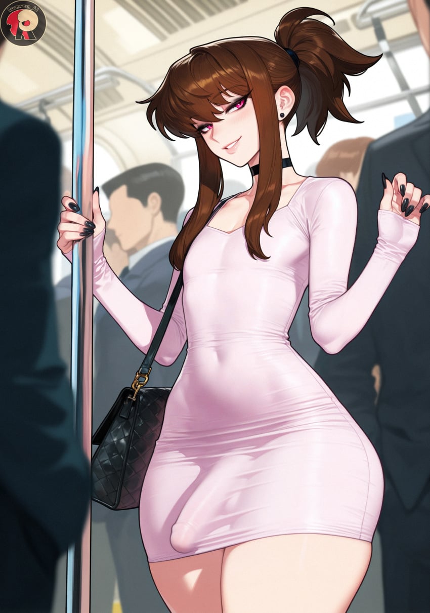 1boy 1femboy 2026 2d_(artwork) ai_generated brown_hair crossdressing dress erect_penis erection femboy femboy_only girly looking_at_viewer male male_only penis_outline penis_under_dress ponytail public_transportation ramwam solo solo_femboy solo_focus solo_male standing trap