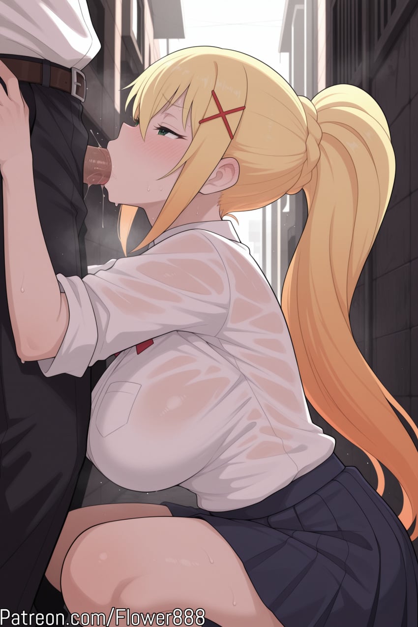 1boy 1boy1girl 1girls alley blonde_hair breasts darkness_(konosuba) deep_blowjob deepthroat fellatio flower888 green_eyes kono_subarashii_sekai_ni_shukufuku_wo! konosuba large_breasts long_hair outdoors patreon penis penis_in_mouth ponytail pussy_juice school_uniform shirt skirt viewed_from_side white_shirt