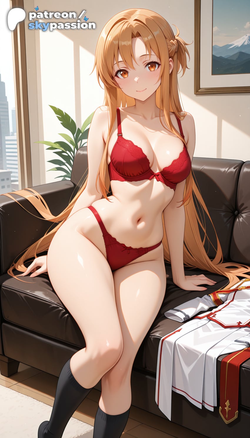 1girls 2026 ai_assisted ai_generated anime asuna_(sao) boobs bra breasts bust hi_res high_quality high_resolution highres indoors long_hair looking_at_viewer navel panties patreon patreon_username red_panties skypassion smile solo stable_diffusion sword_art_online sword_art_online:_alicization tits underwear watermark window yuuki_asuna