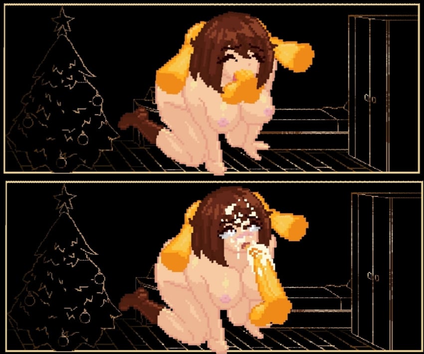 adulttale blowjob chara cum facefuck facial fellatio female frisk head_grab in_game male male_frisk oral_creampie oral_penetration pixel_art pull_out pulling_out straight undertale undertale_(series)