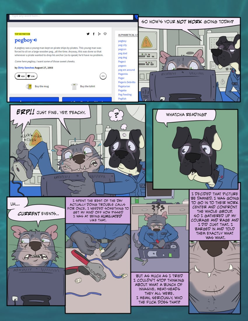 annoyed anthro brokowski canine caught clothed clothing comic computer dialogue embarrassed english_text flat_colors fully_clothed inside looking_away male male_only mammal marsupial military plantigrade seaman_hardy speech_bubble tasmanian_devil text uniform whiskers